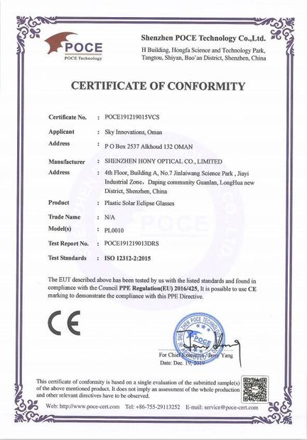 CINA Shenzhen HONY Optical Co., Limited Sertifikasi