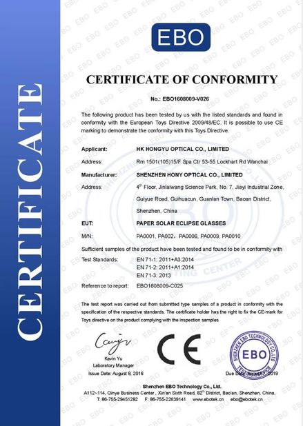 Cina Shenzhen HONY Optical Co., Limited Sertifikasi