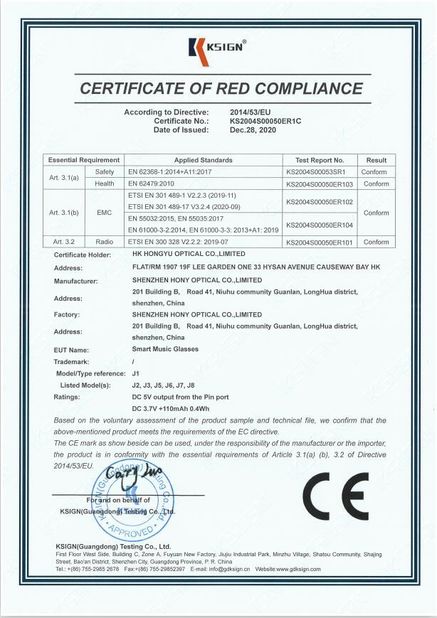 Cina Shenzhen HONY Optical Co., Limited Sertifikasi